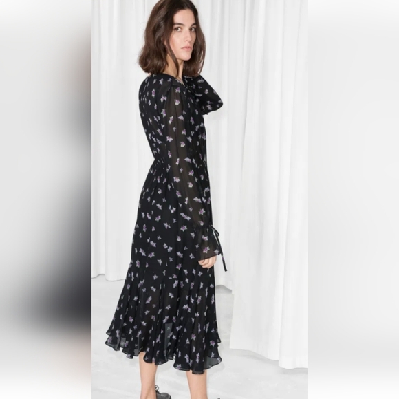 & Other Storied Printed midi dress tie neck. Sheer upper butterfly print. Size 2 - Picture 3 of 12